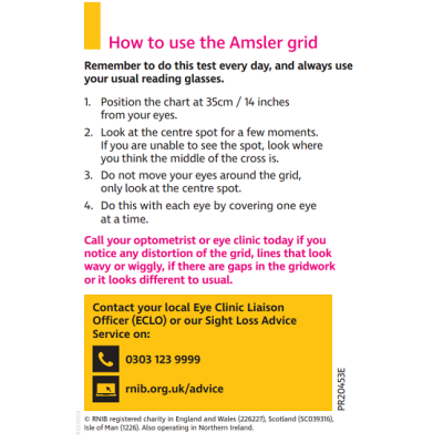 Reverse of leaflet showing instructions on how to use the Amsler grid