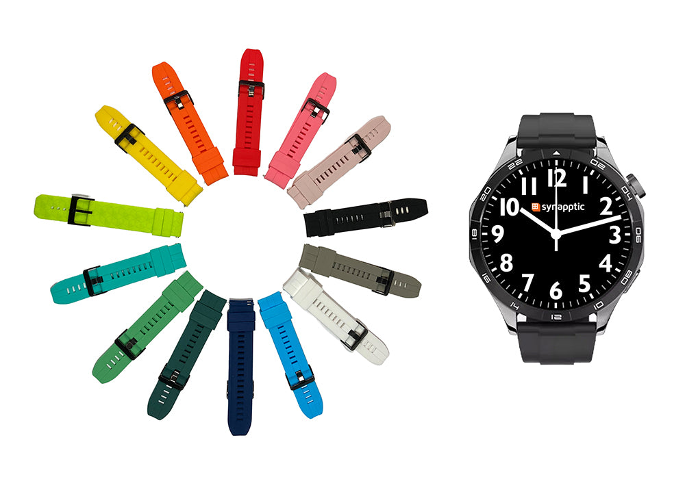 Synapptic smartwatch next to colourful silicone watch straps radiating in a circle