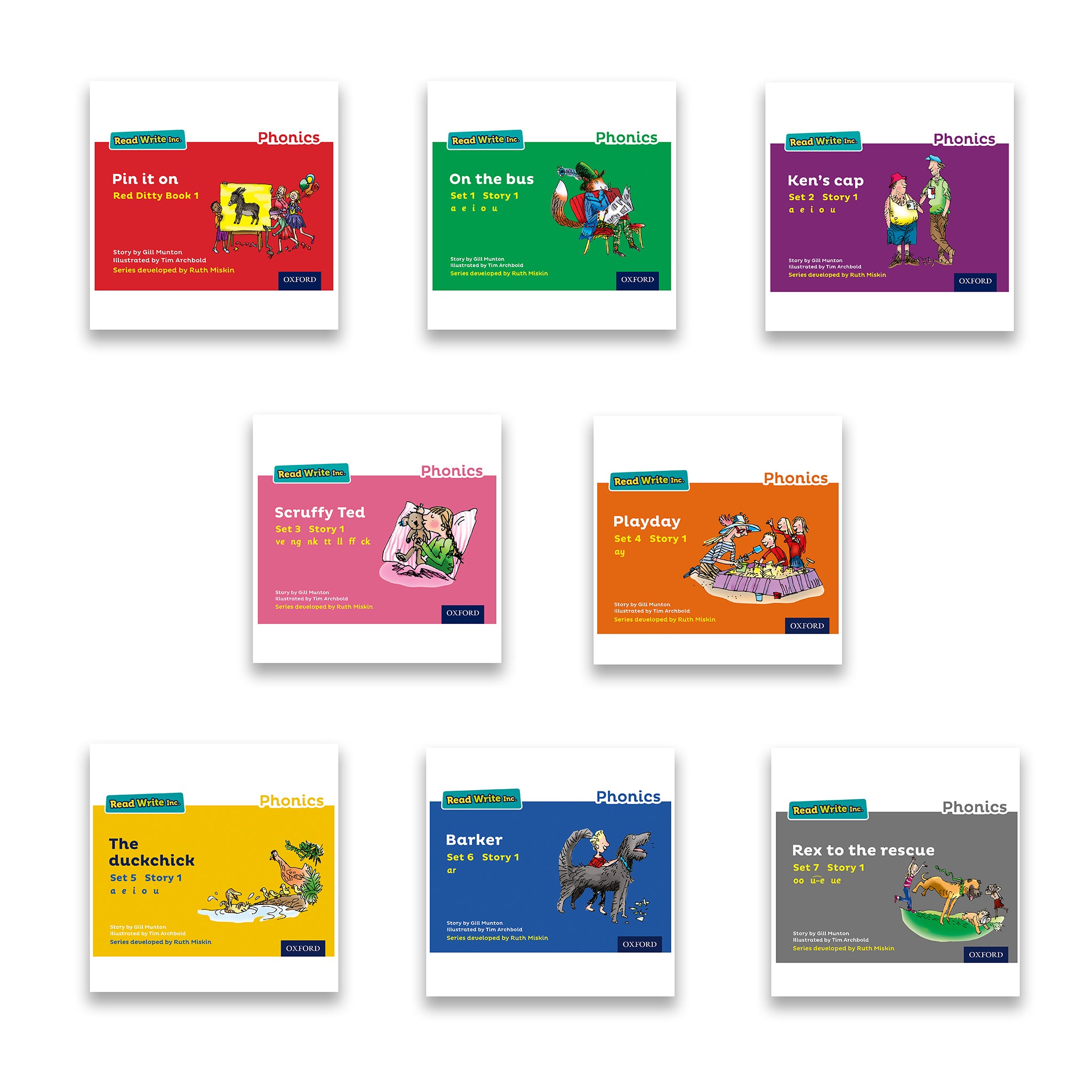 Examples of Read Write Inc books from each of the eight levels, laid out in a grid and in reading order