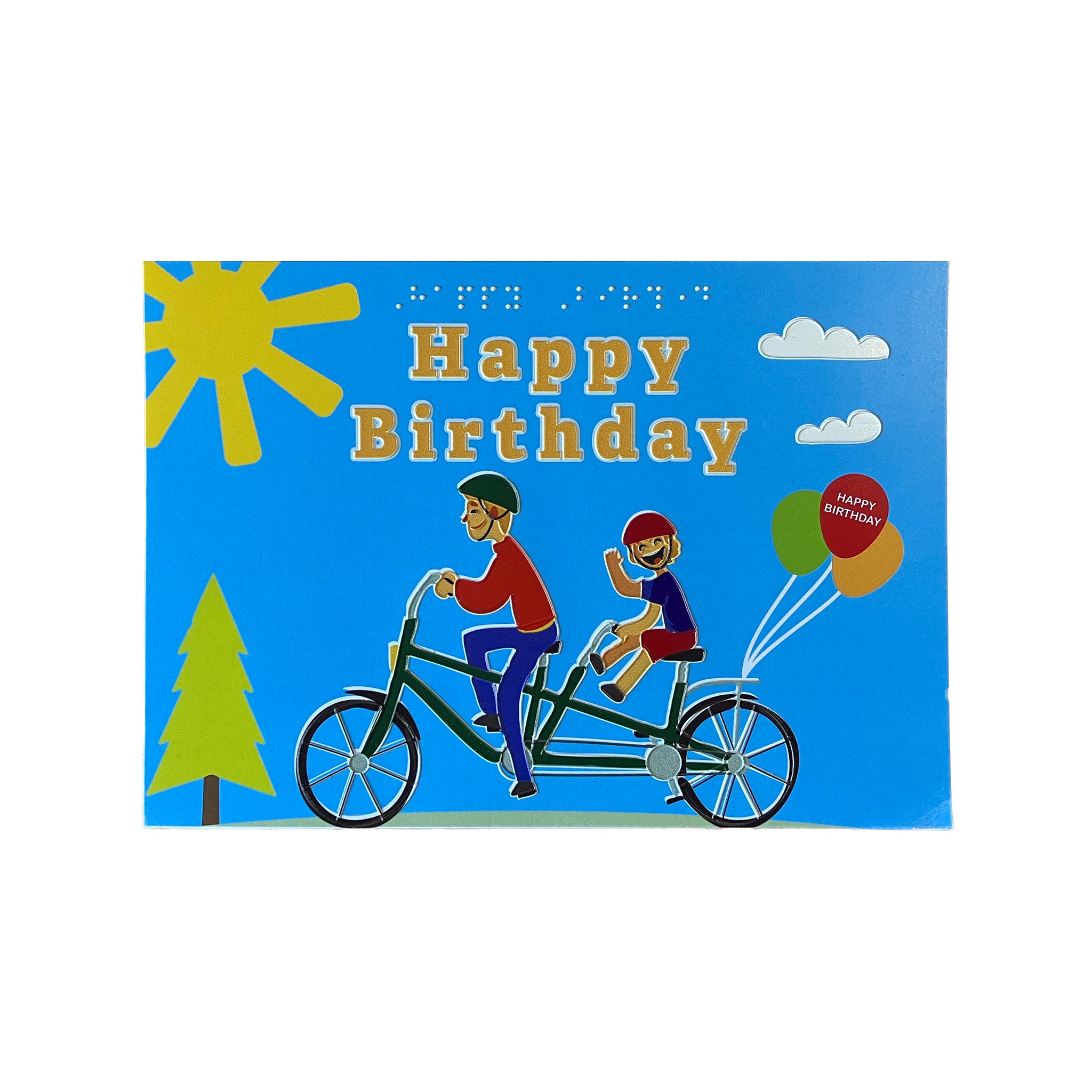 Birthday card with two people on a tandem bicycle against a blue sky with sun and clouds. Text reads Happy Birthday, which is also in braille.