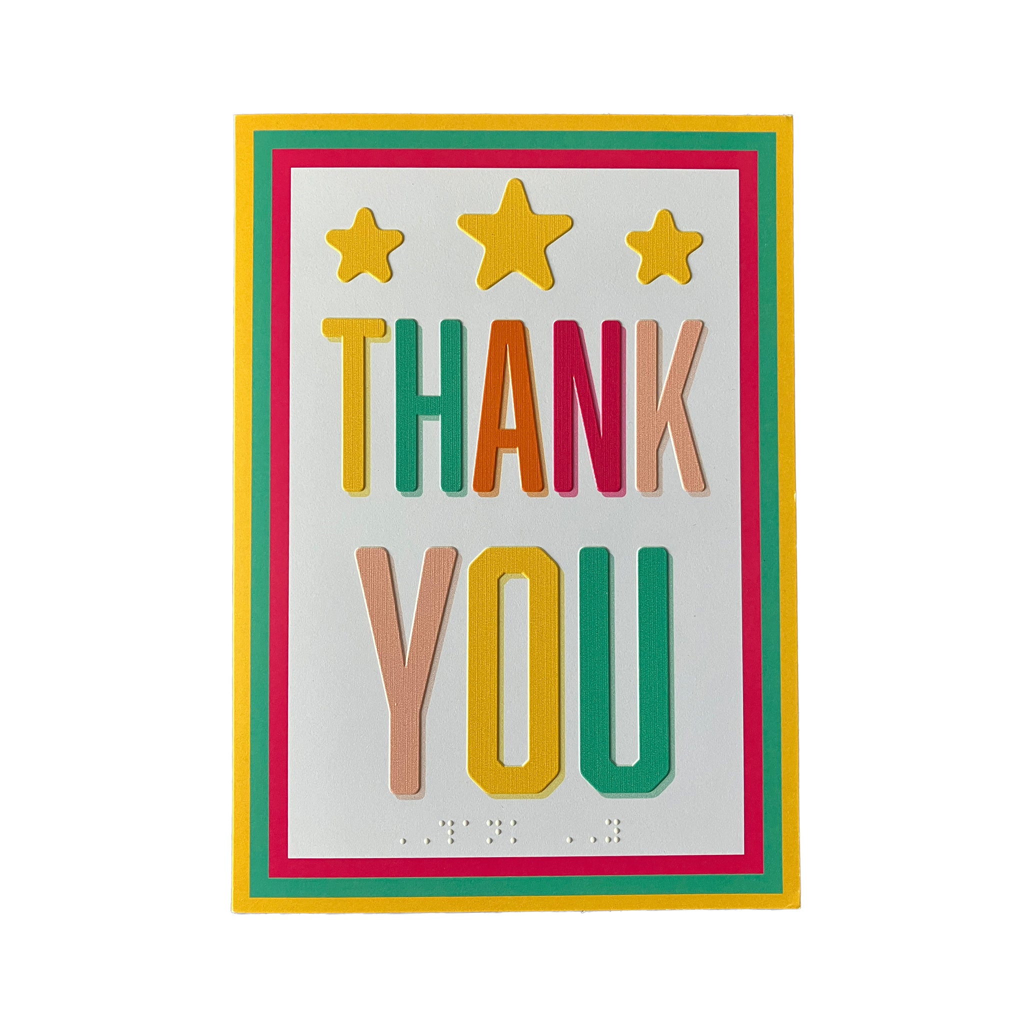 Colorful 'Thank You' card with stars on a white background