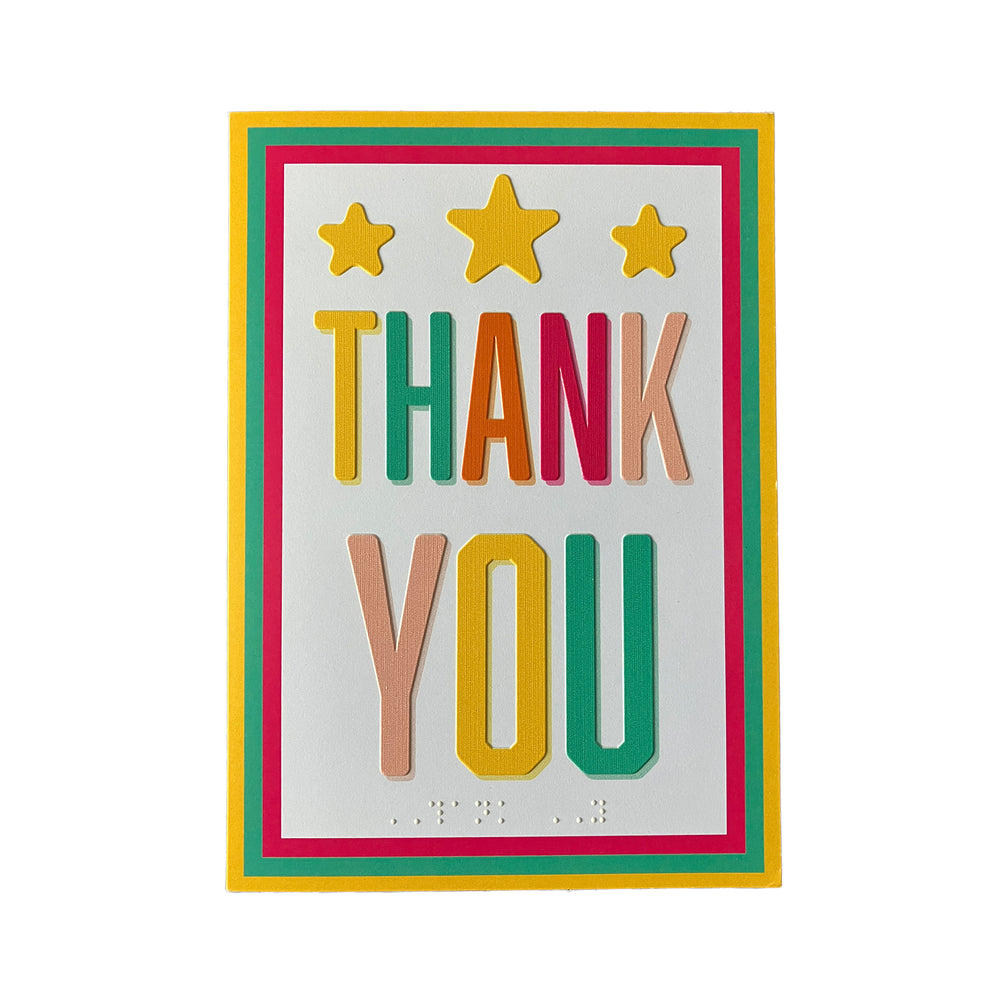 Colorful 'Thank You' card with stars on a white background