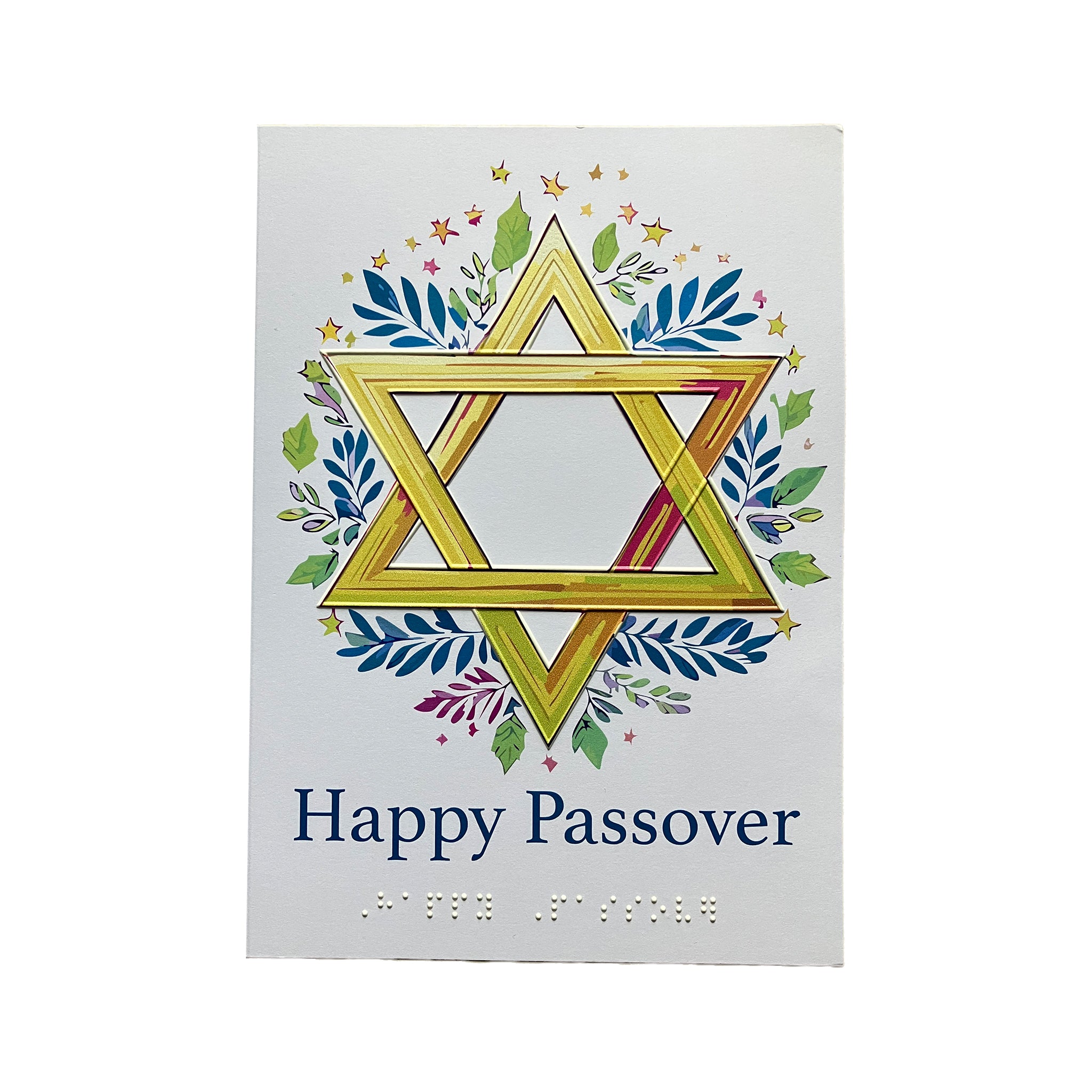 Card with Star of David and floral design on a white background, featuring 'Happy Passover' text with braille.