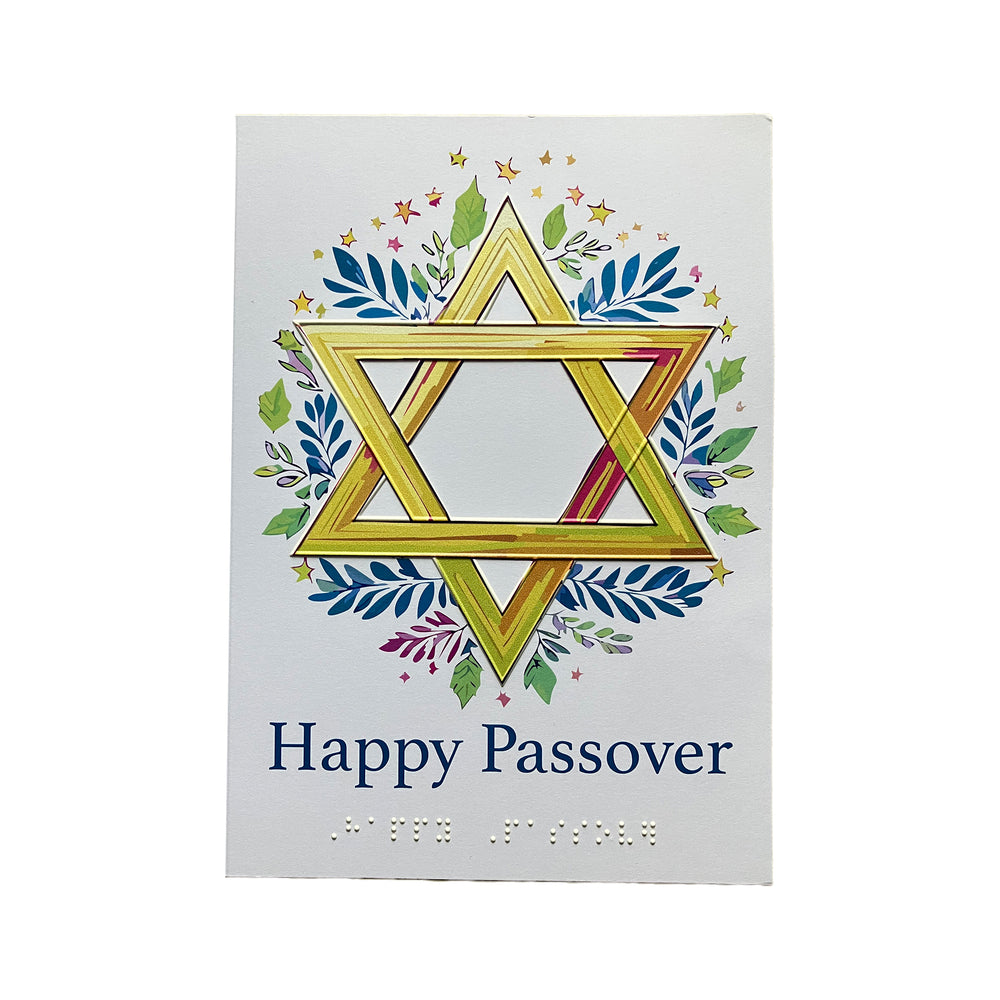 Card with Star of David and floral design on a white background, featuring 'Happy Passover' text with braille.