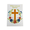 Easter card with a cross and flowers on a white background