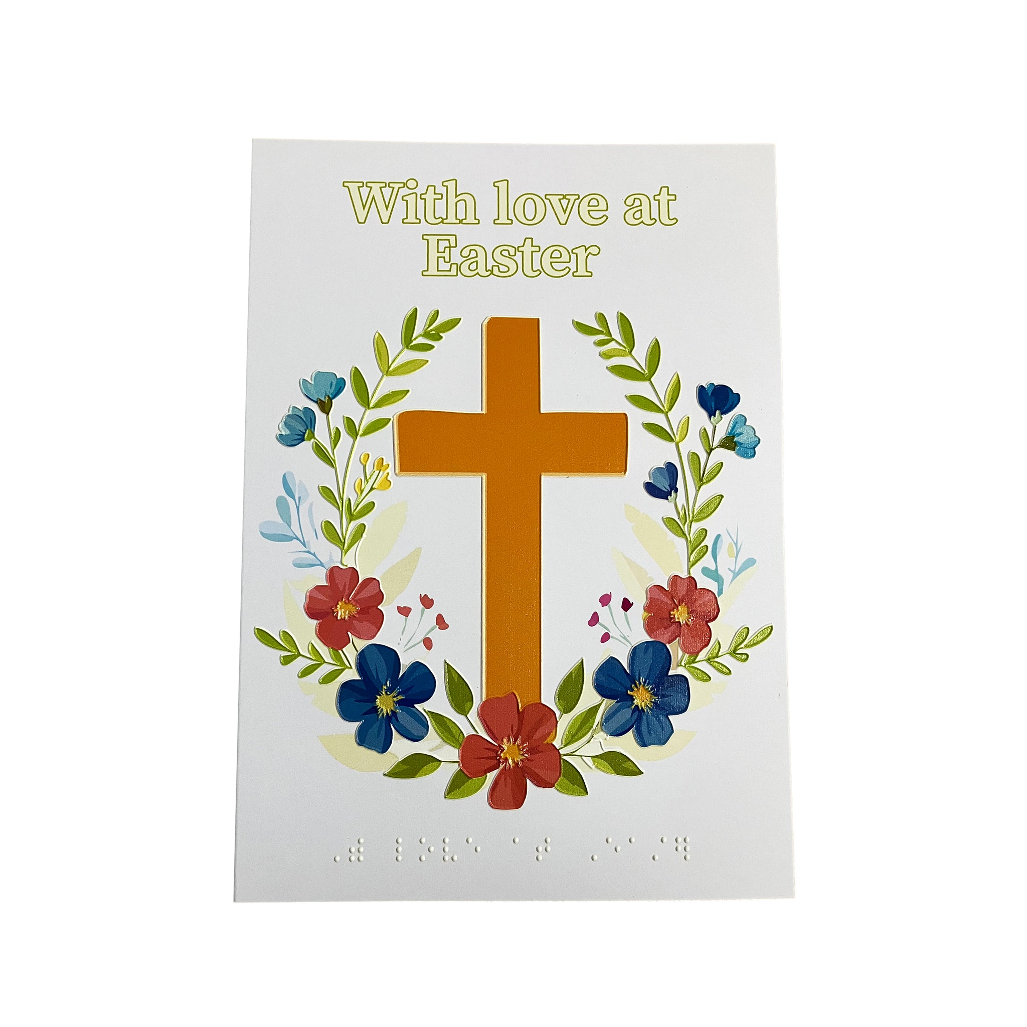 Easter card with a cross and flowers on a white background