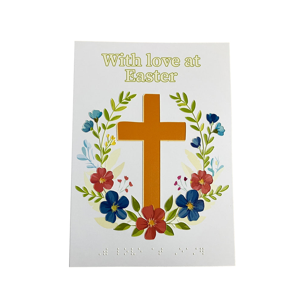 Easter card with a cross and flowers on a white background