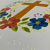 Floral design with red and blue flowers on a white background