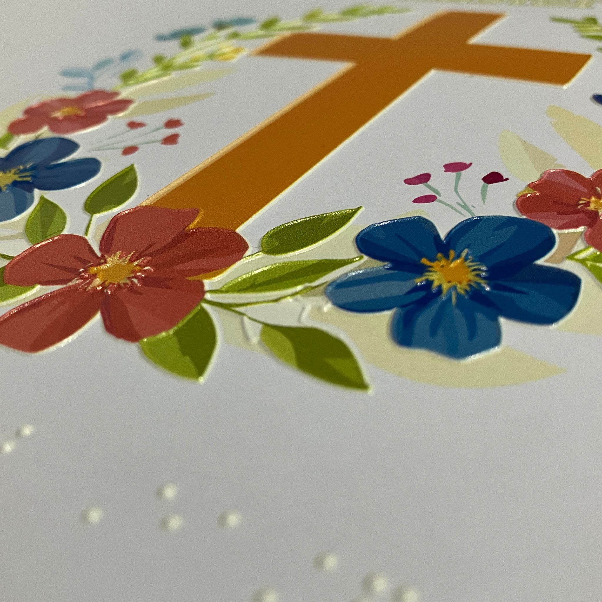 Floral design with red and blue flowers on a white background