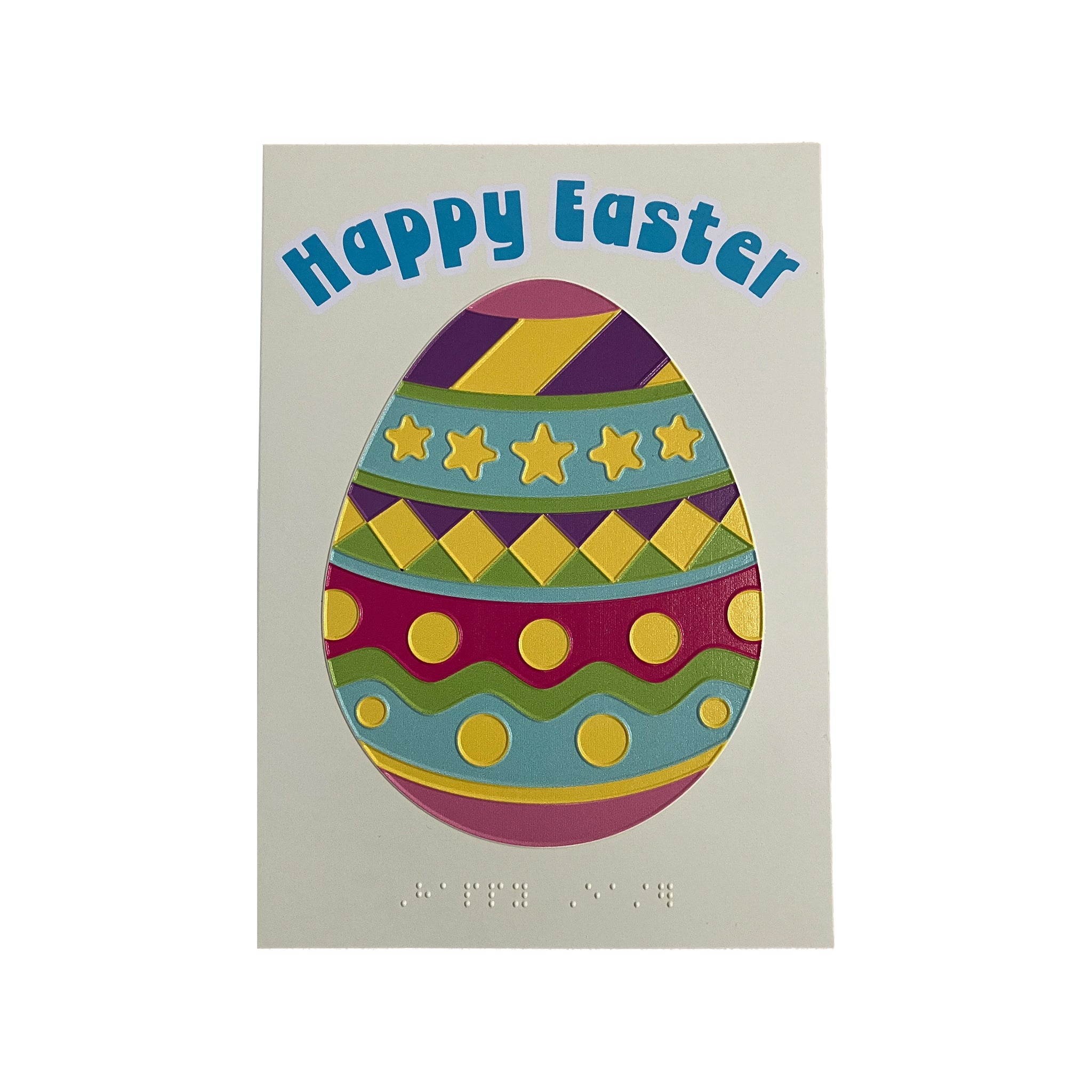 Easter card with a colorful egg design and 'Happy Easter' text on a beige background