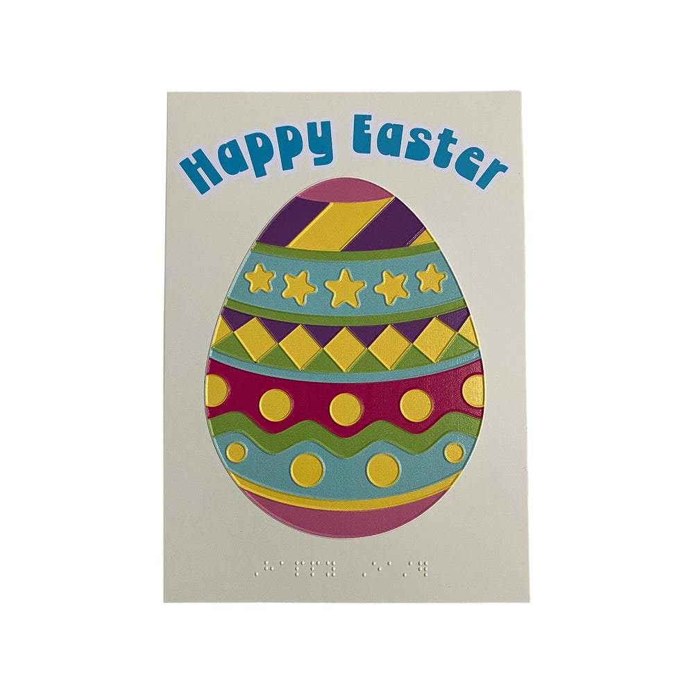 Easter card with a colorful egg design and 'Happy Easter' text on a beige background