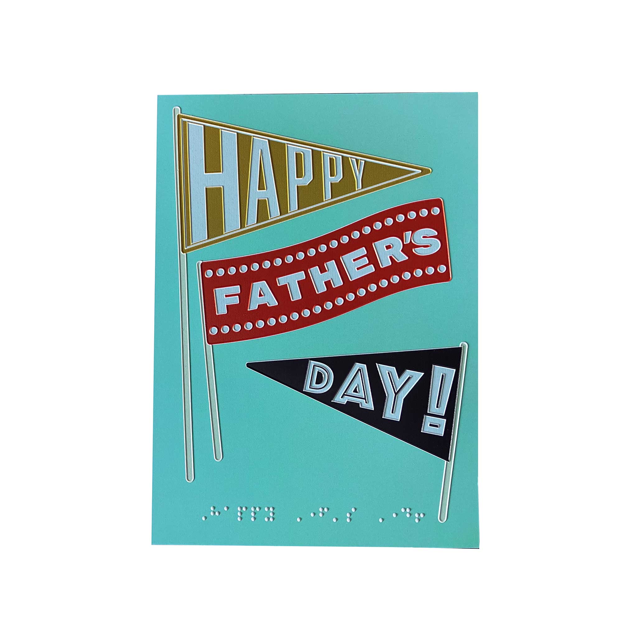 Father's Day card with colorful pennant flags on a teal background