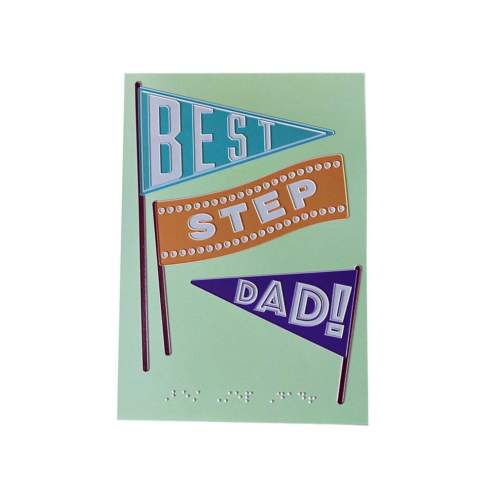 Card with pennant flags reading 'Best Step Dad!' on a light green background