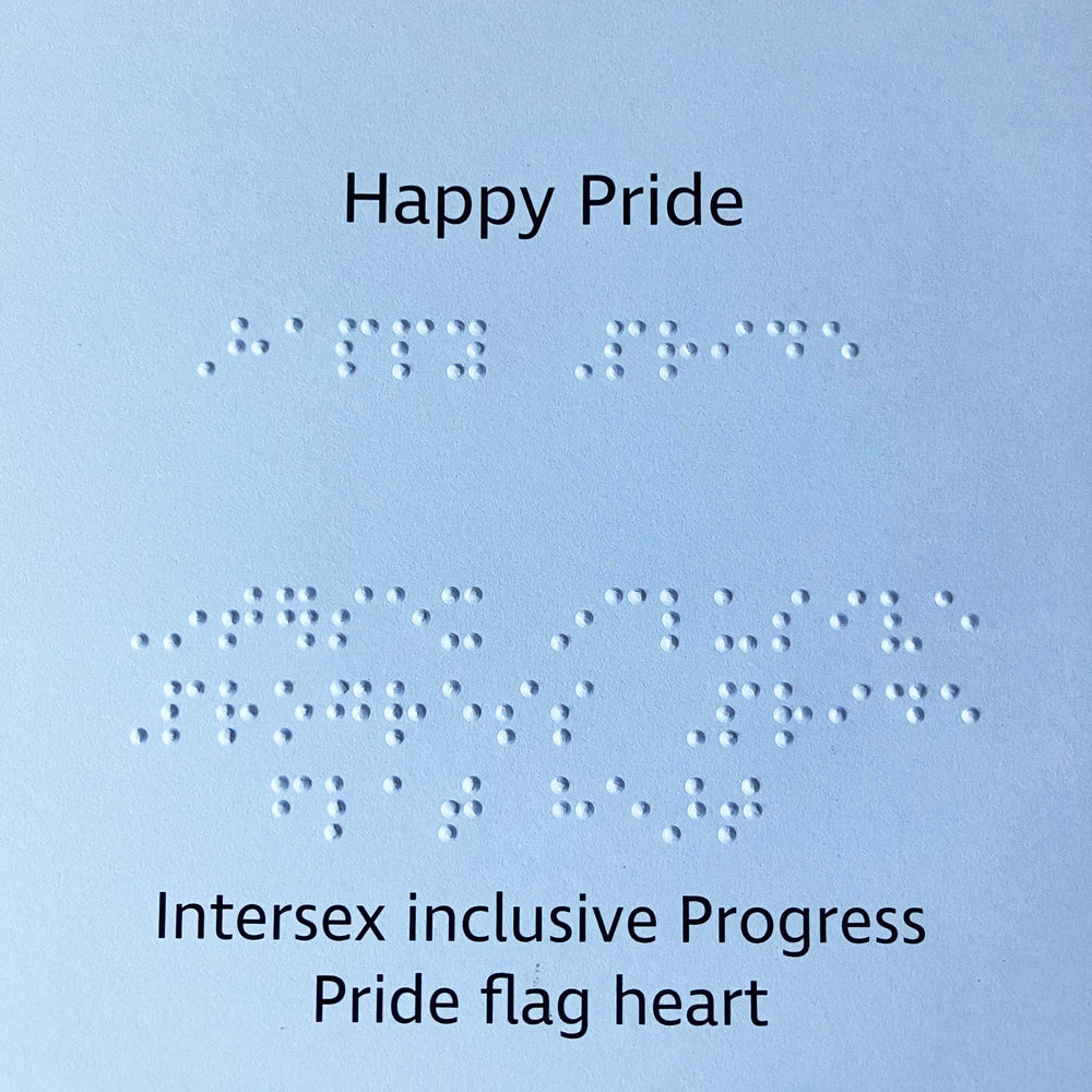Braille and text inside the card with 'Happy Pride' and 'Intersex inclusive Progress' on a white background.