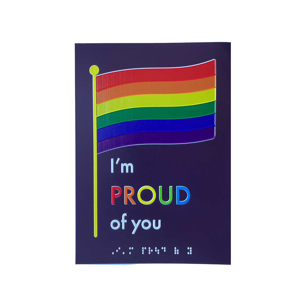 Card with rainbow flag and text 'I'm PROUD of you' on a dark blue background
