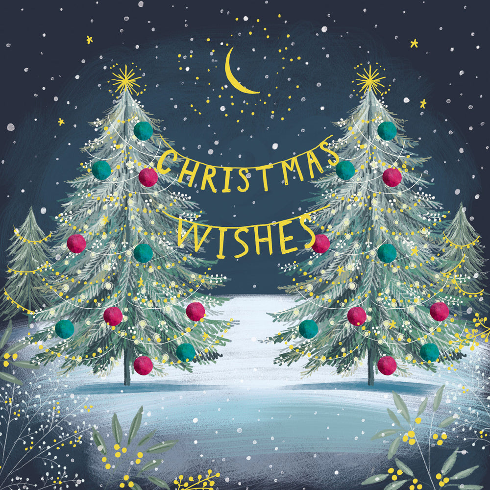 A festive Christmas illustration with two decorated evergreen trees in a snowy night scene. The trees have teal and magenta ornaments, white snow, and yellow string lights.