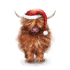 A fluffy brown highland cow wearing a red Santa hat with white trim and pom-pom, standing on a snowy ground against a white background with falling snow.