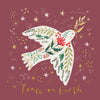 A festive art print featuring a white dove decorated with green leaves, red berries, and a red flower, holding a gold olive branch. The background is a dusty rose color with gold and white stars, and the text 'Peace on Earth' is written in gold script at the bottom.