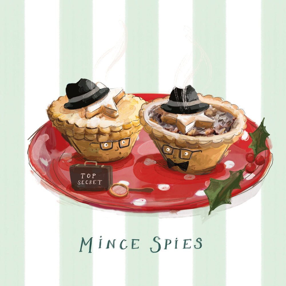 Illustrated artwork of two mince pies on a red plate with a small suitcase labeled 'TOP SECRET' and holly, on a pale green striped background with the text 'Mince Spies'.