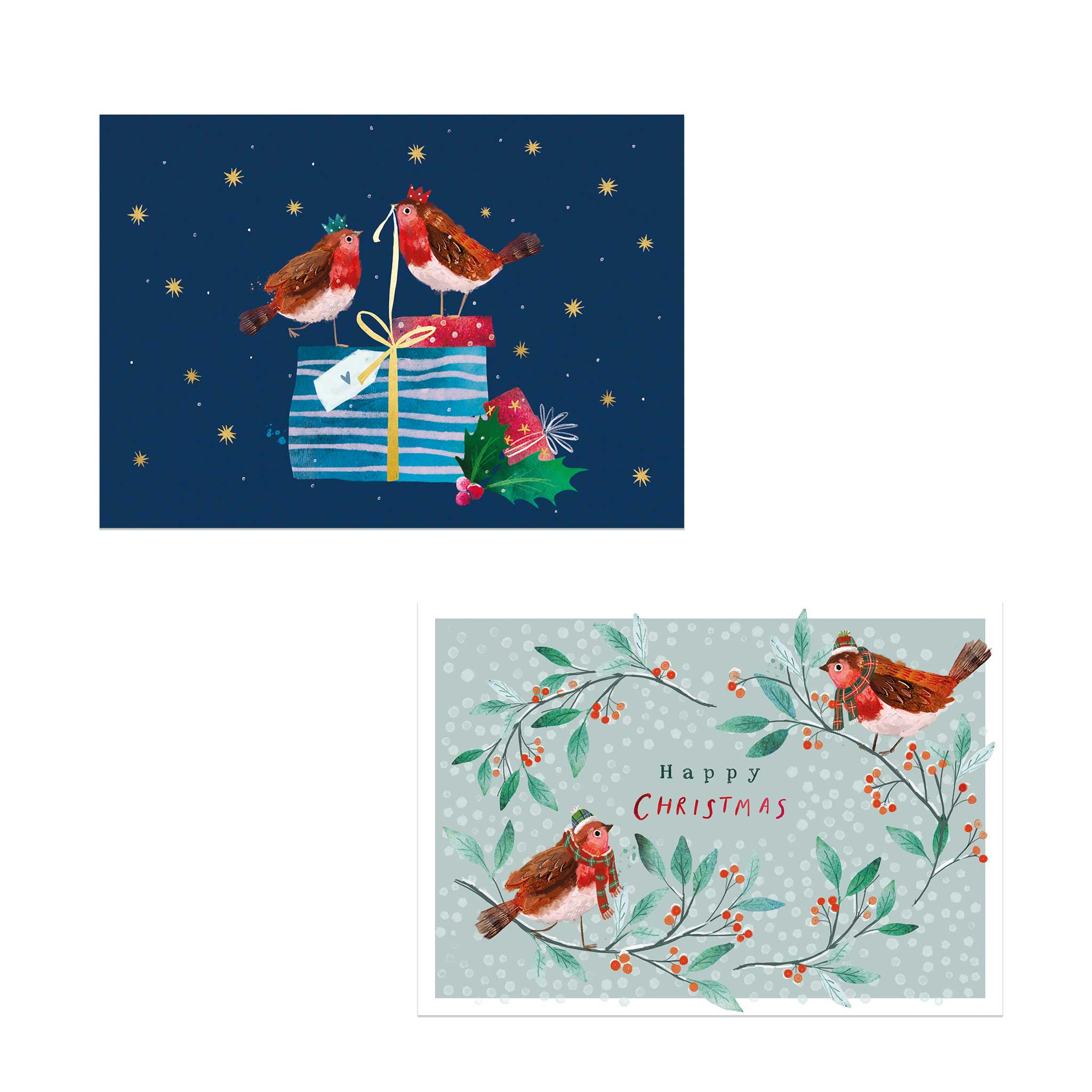 Two robin-themed festive money wallet designs. One on dark blue with a gift, the other on pale green with holly