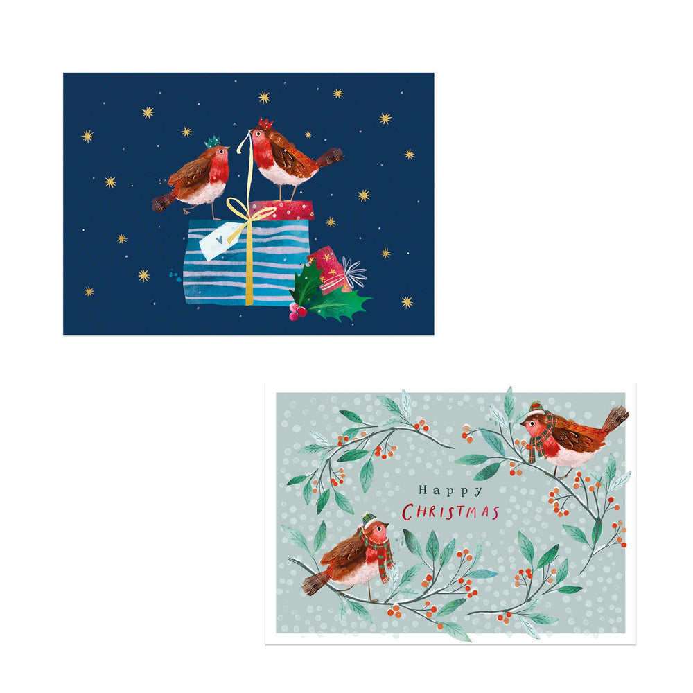 Two robin-themed festive money wallet designs. One on dark blue with a gift, the other on pale green with holly