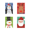 Four Christmas greeting cards arranged in a 2x2 grid on a white background. The cards feature festive illustrations: a penguin wearing a Santa hat with 'Merry Christmas' text, a reindeer with colorful lights and antlers, a snowman in a black top hat with 'Christmas Wishes' text, and Santa Claus in red and white with a green snowy background.