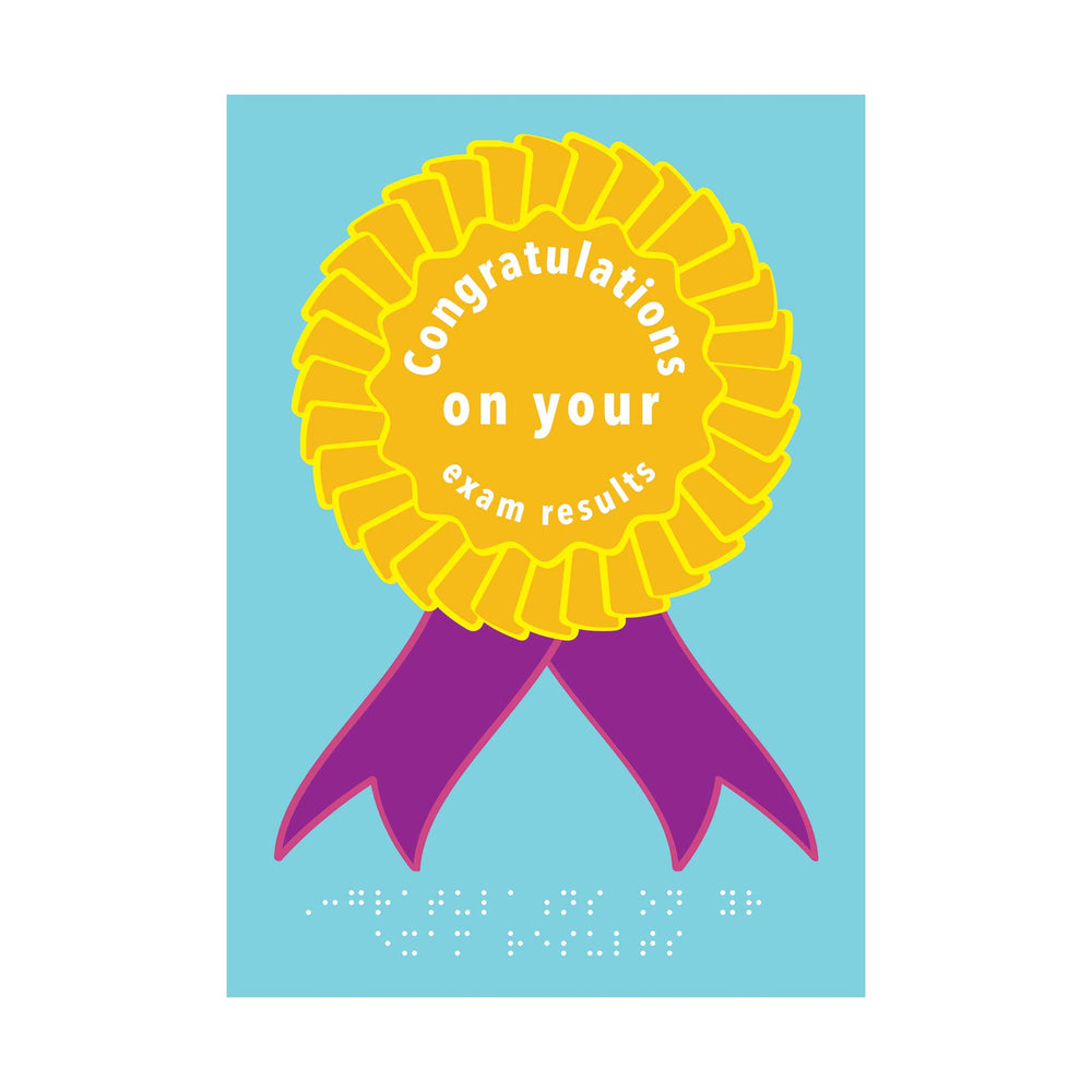 Pale blue card with golden yellow rosette with purple ribbons. Message in white text and braille reads 'Congratulations on your exam results'