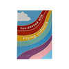 A colorful printed card or poster with curved rainbow-like stripes in blue, red, yellow, green, purple, and pink, plus a white cloud and the text 'You passed with Flying colours.' in print and braille.