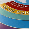 Close-up of a colorful circular graphic with embossed text reading 'You passed Flying color', teal, gold, red, and purple.