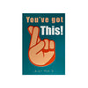A card with a teal background featuring the text 'You've got This!' in peach and white, with a large illustrated hand with crossed fingers. Braille appears near the bottom.