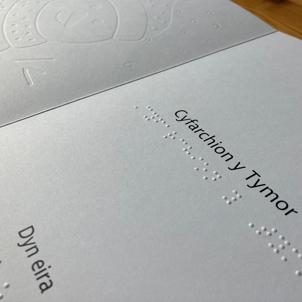 Message inside card in print and braille that reads Cyfarchion y Tymor