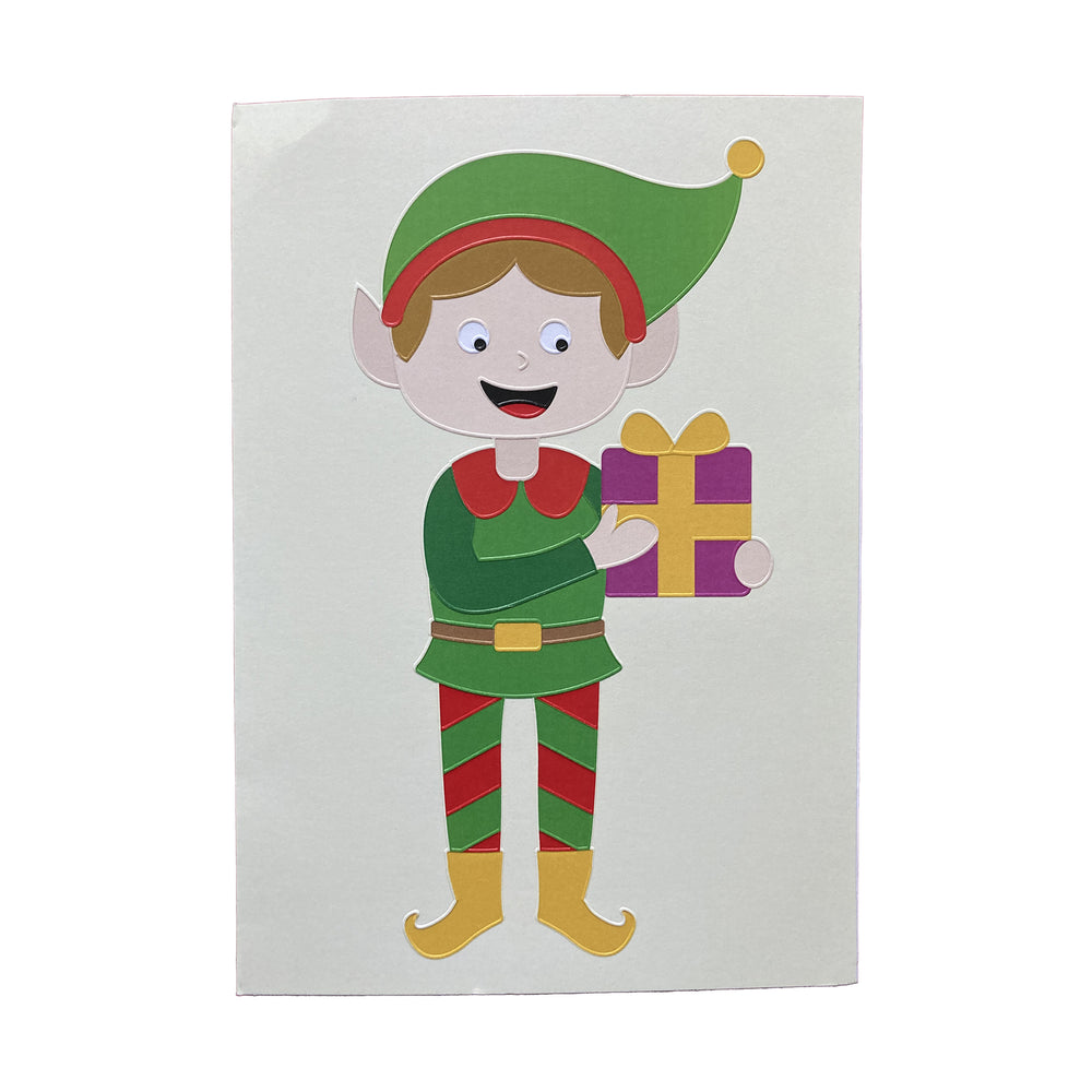 Cartoon elf holding a gift on a white background