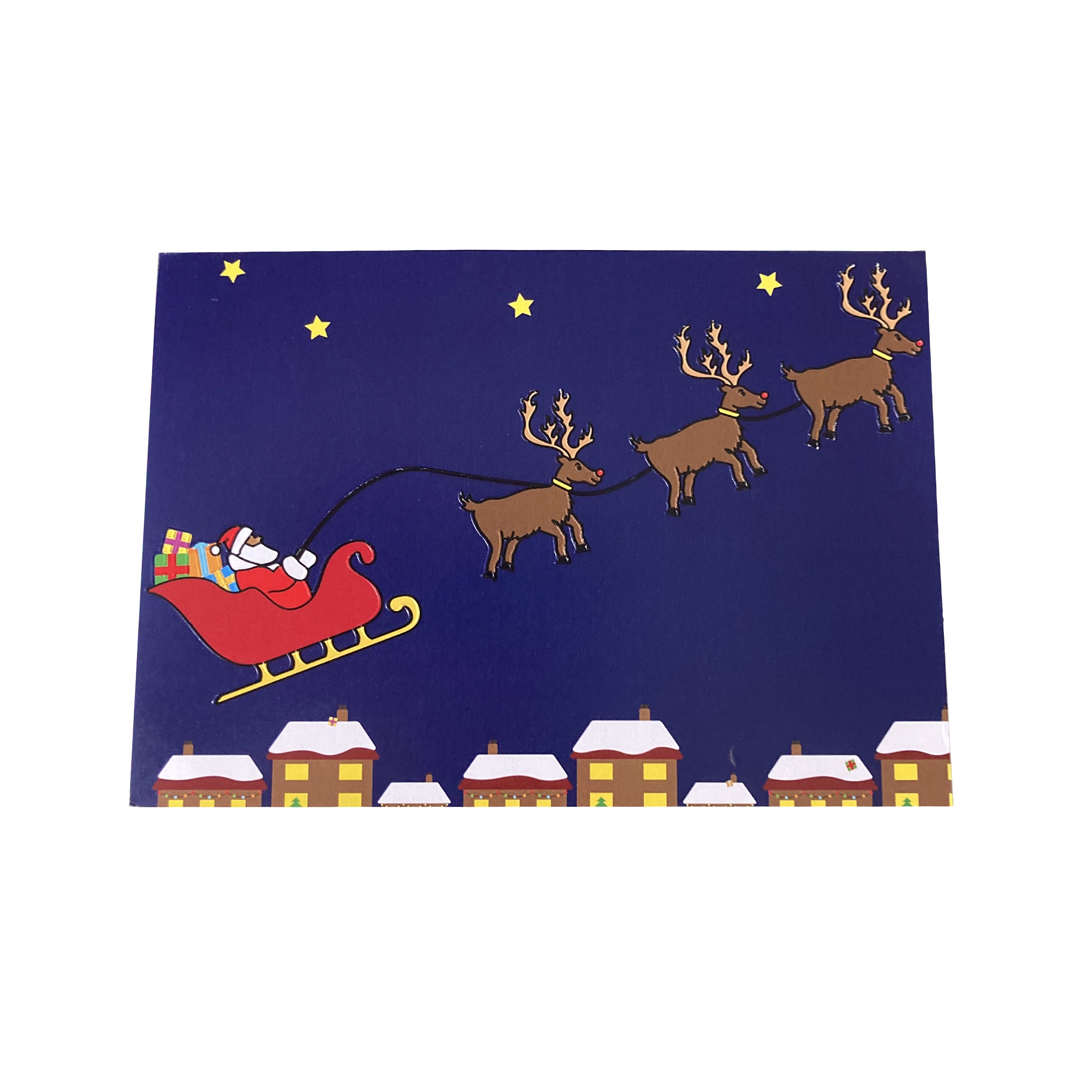 Illustration of Santa Claus in a sleigh pulled by reindeer against a night sky with stars over a village.