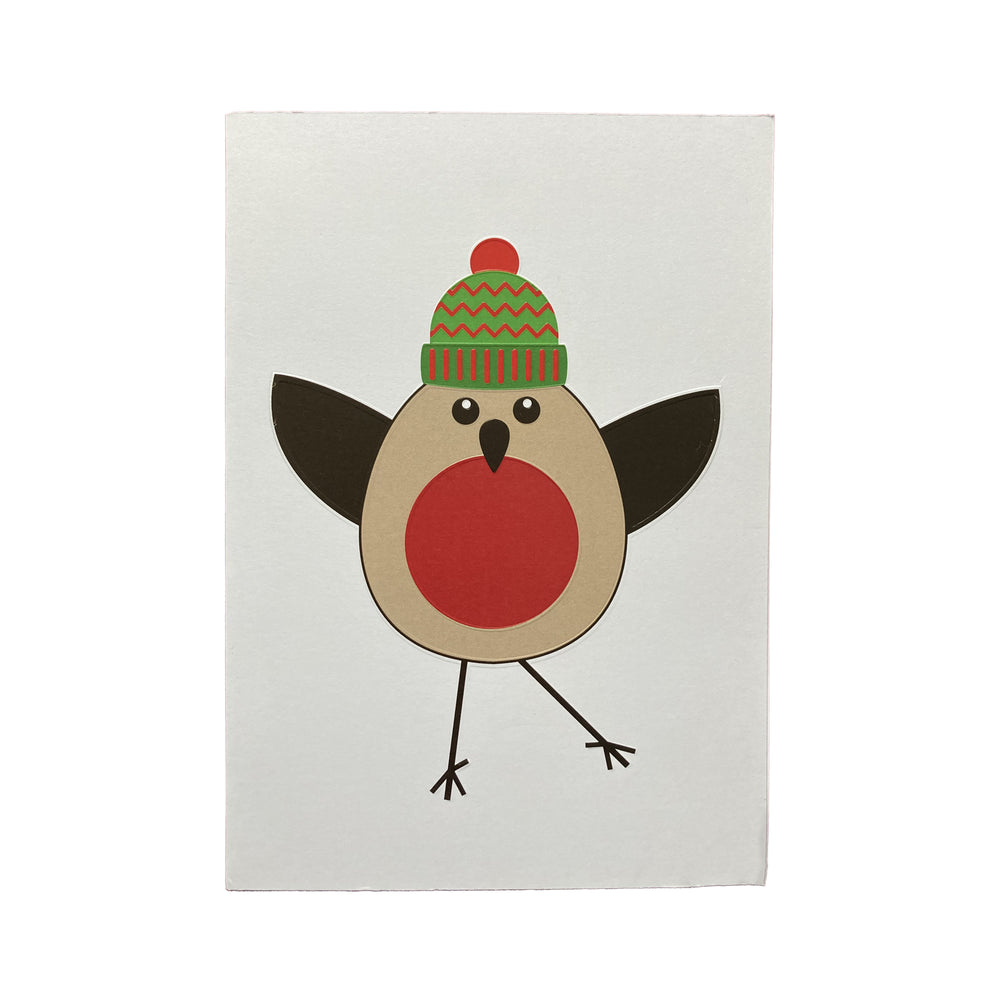 Illustration of a robin wearing a Christmas hat on a white background