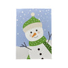 Cartoon snowman with a green hat and scarf on a snowy background