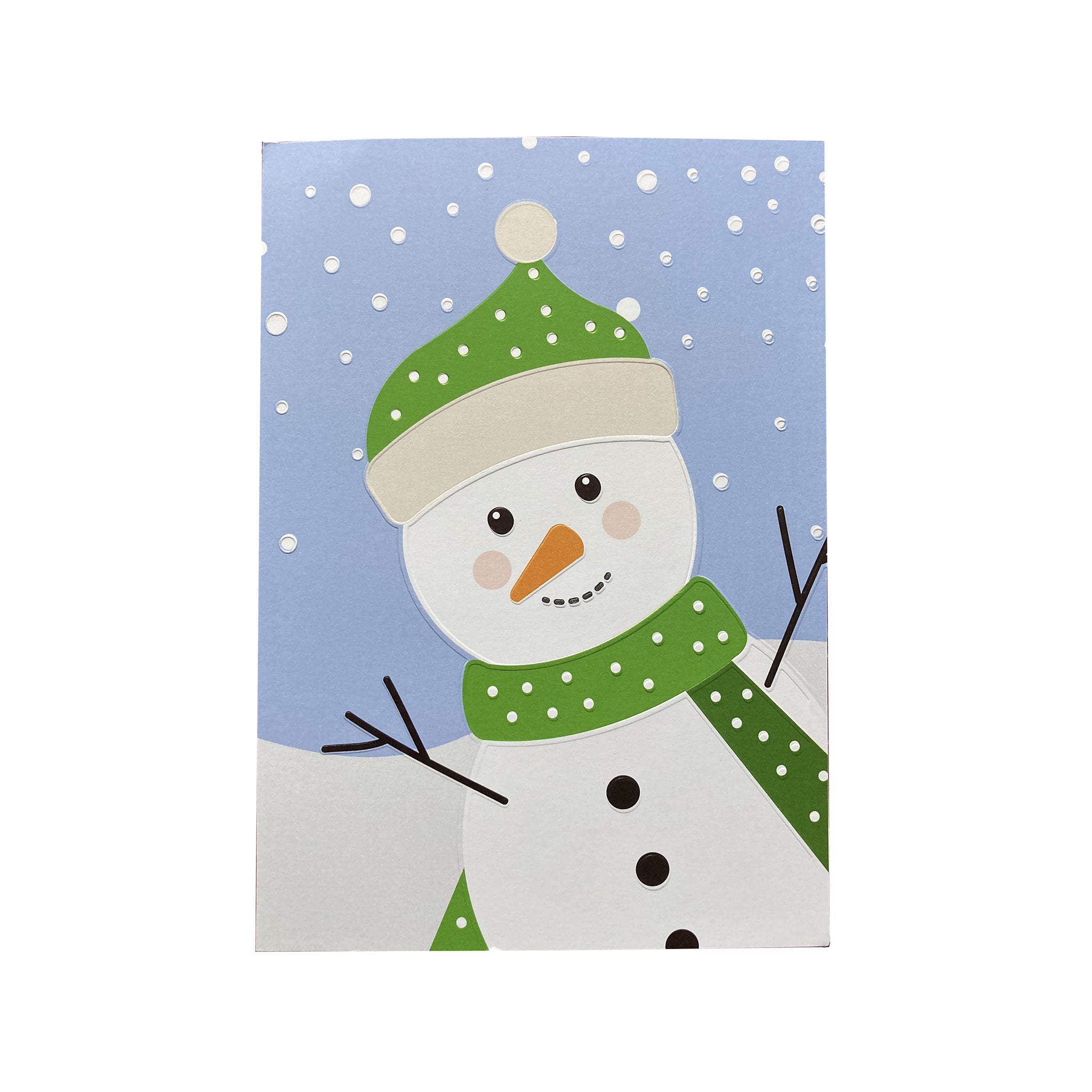 Cartoon snowman with a green hat and scarf on a snowy background