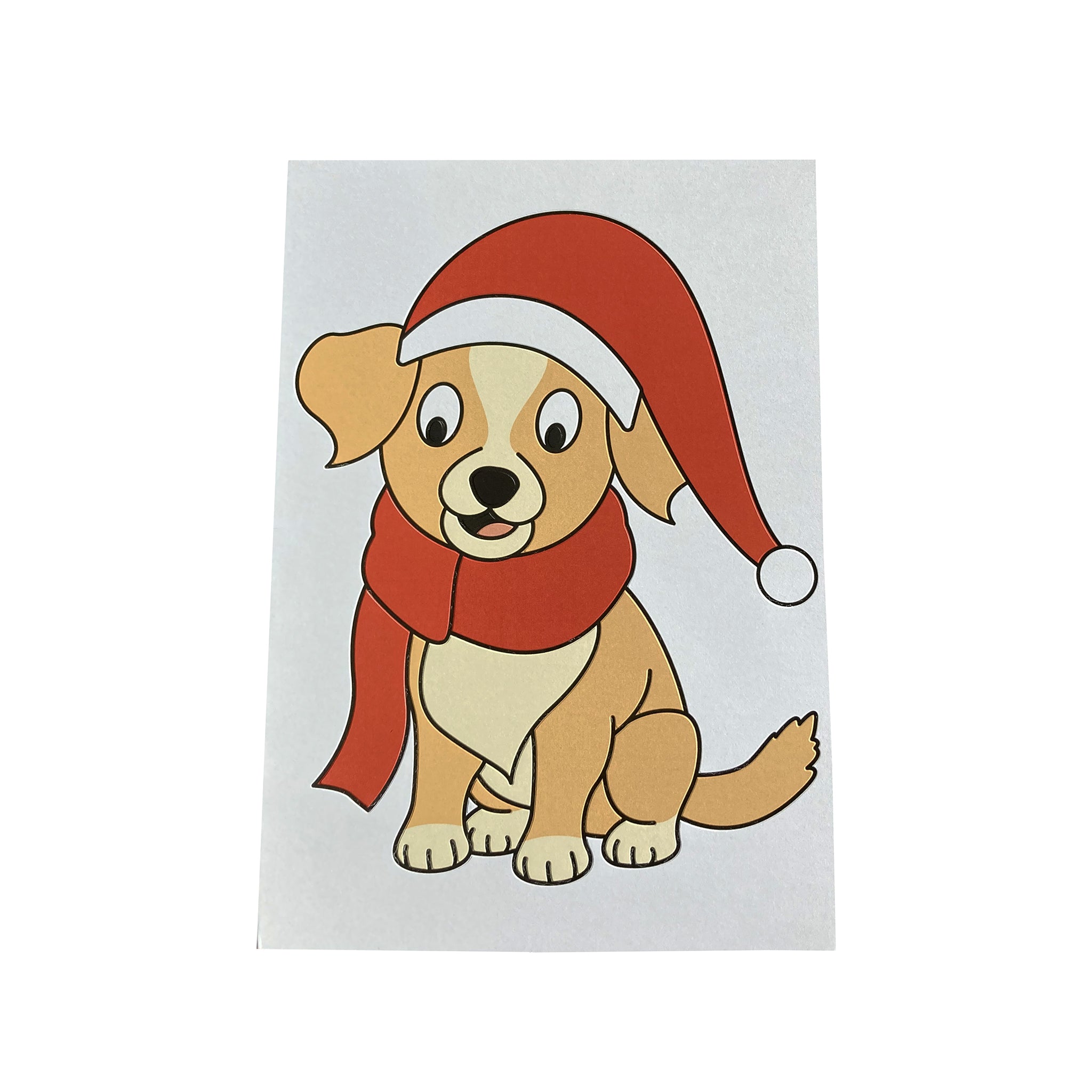 Cartoon dog wearing a Santa hat and scarf on a white background