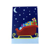 Children's illustration of a red sleigh with colorful presents against a night sky with moon and stars.