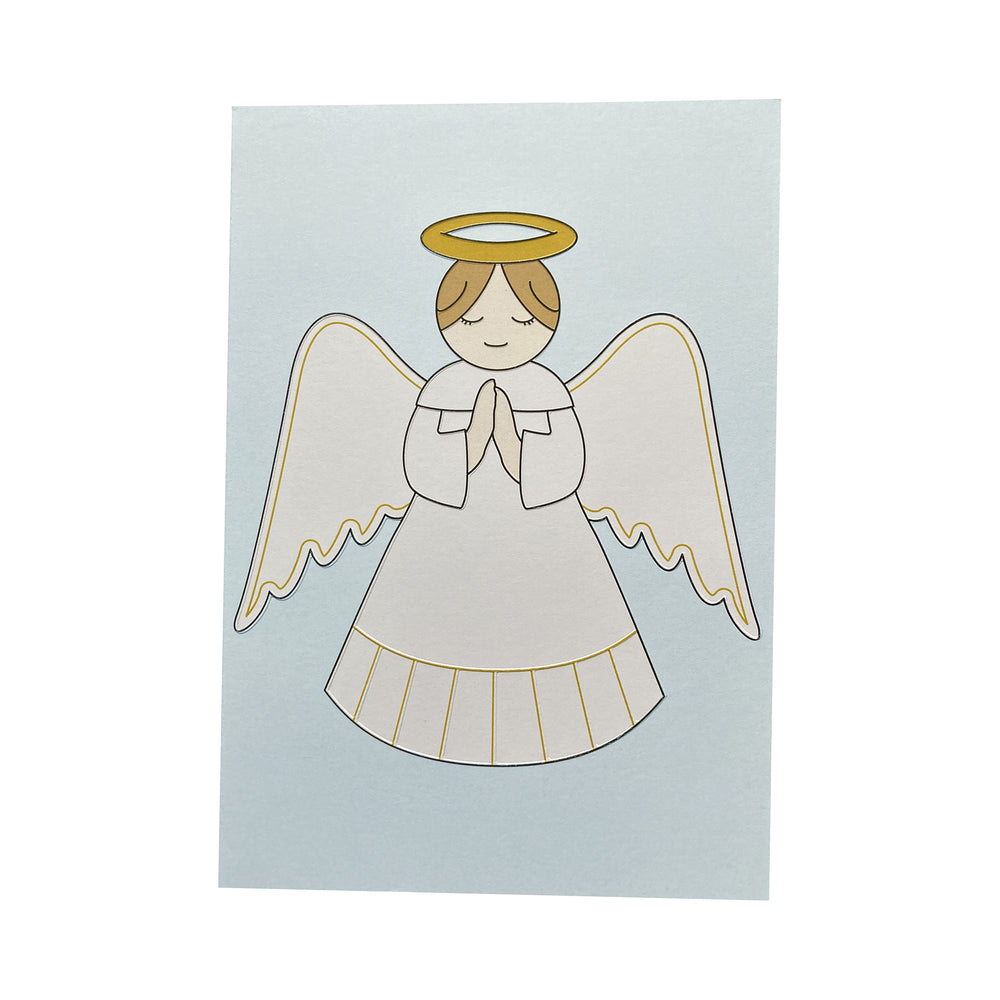 Illustration of an angel with a halo on a light blue background