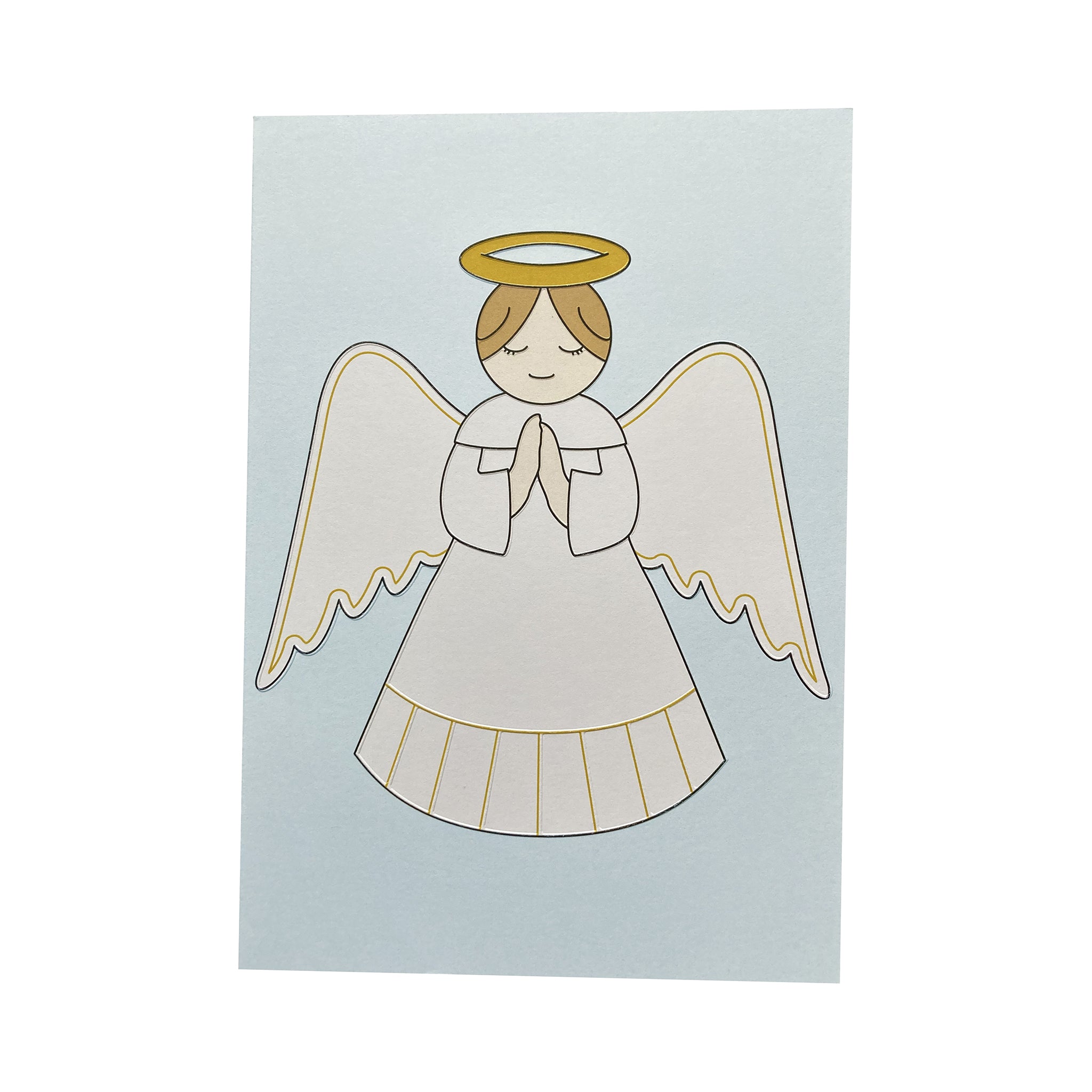 Illustration of an angel with a halo on a light blue background