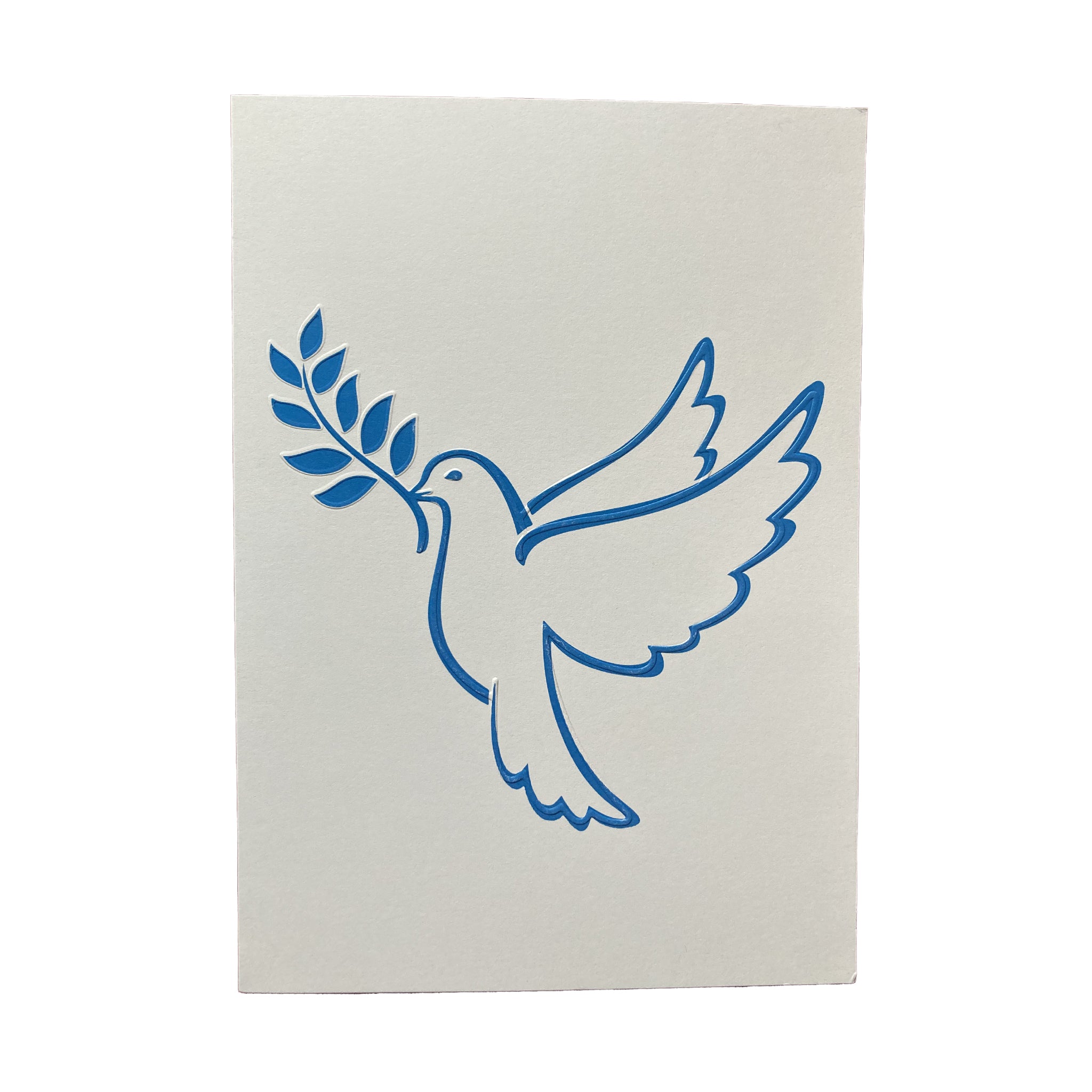 Blue dove with an olive branch on a white background