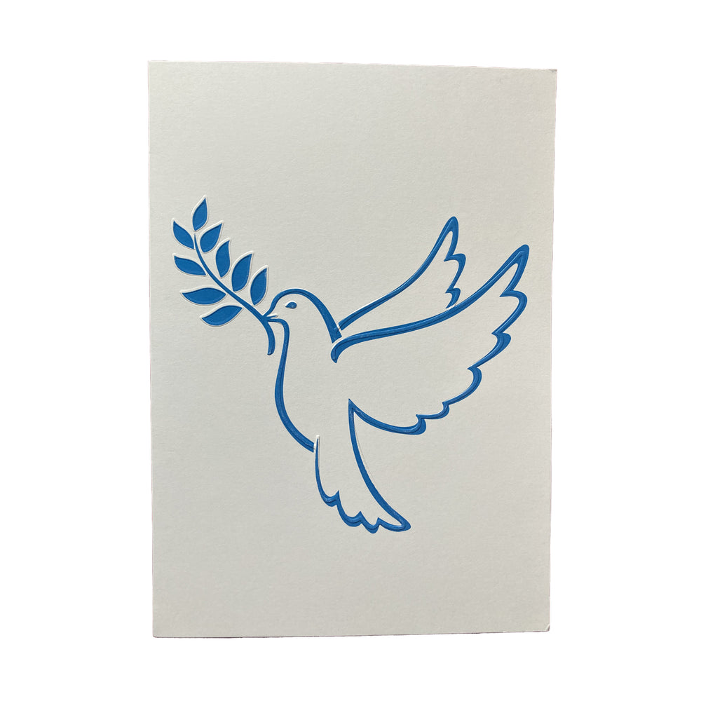 Blue dove with an olive branch on a white background