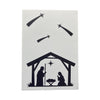 Silhouette of a nativity scene with stable, star, and angel on a white background