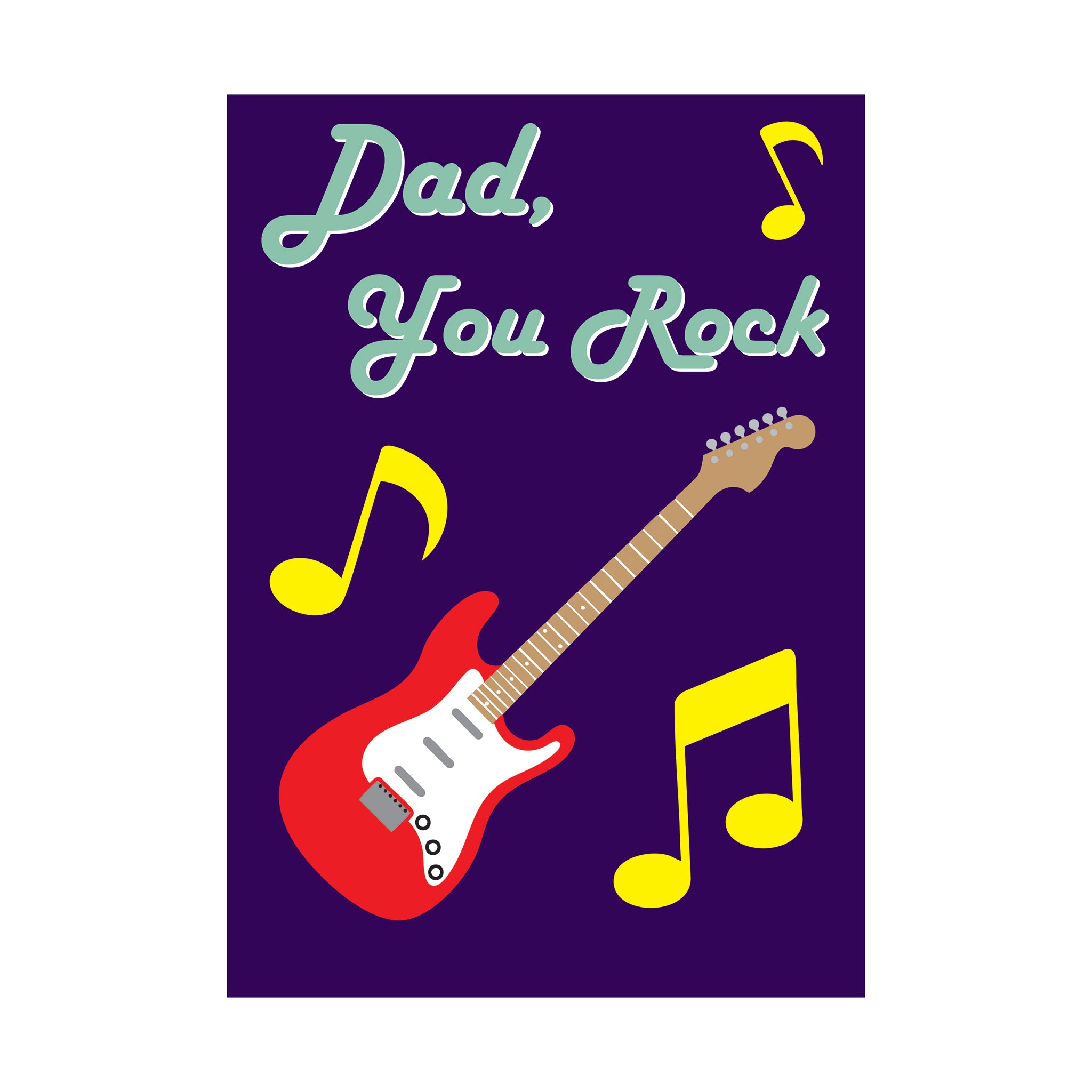 Front of the Father’s day card showing a tactile guitar, musical notes and the words ‘Dad, You Rock’