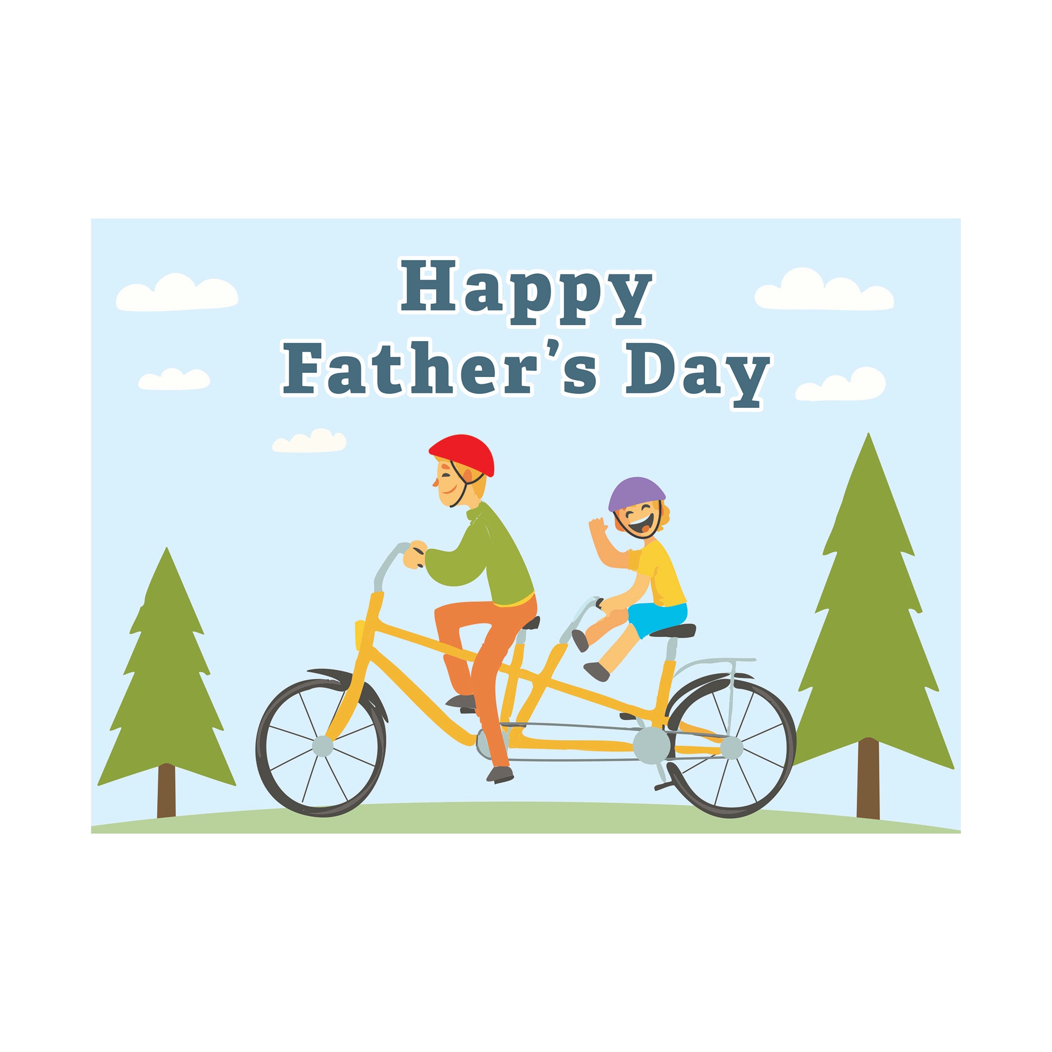 Front of the inclusive Father’s day card showing a tactile image of a man and a child enjoying a tandem bicycle ride.