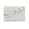 Santa Claus in a sleigh with reindeer flying over a town.
