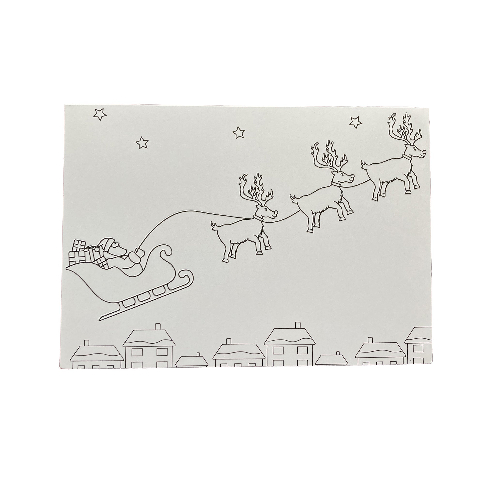 Santa Claus in a sleigh with reindeer flying over a town.