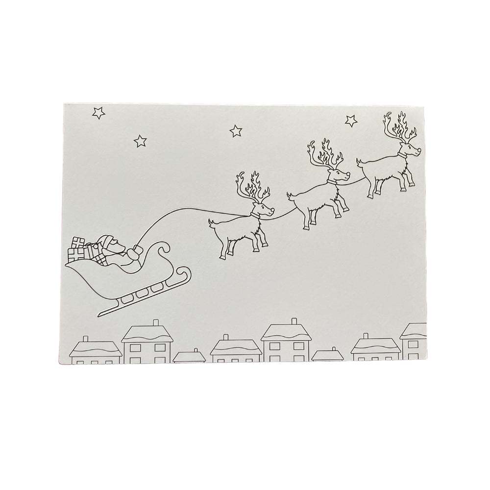 Santa Claus in a sleigh with reindeer flying over a town.