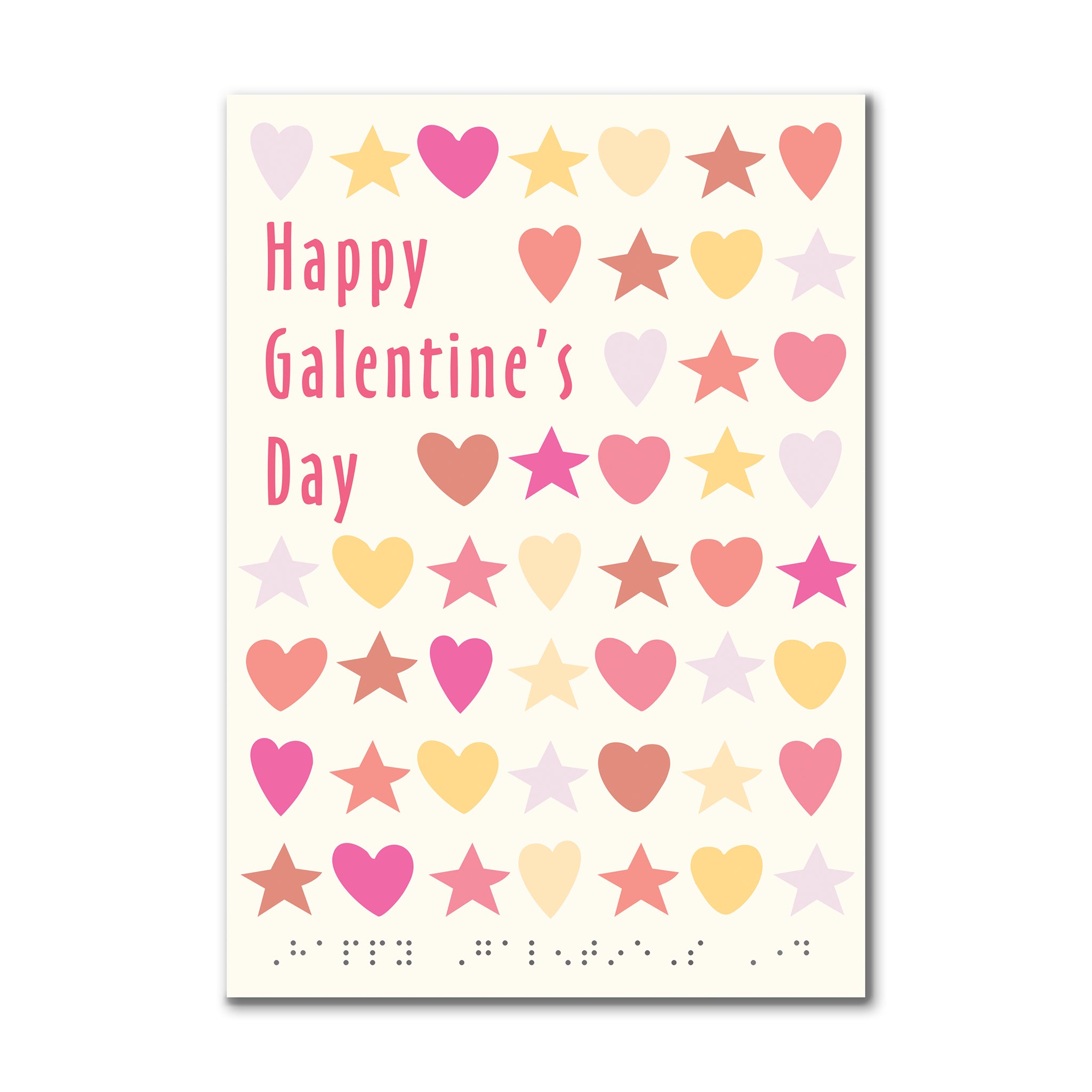 Galentine's Day card with colorful hearts and stars on a white background