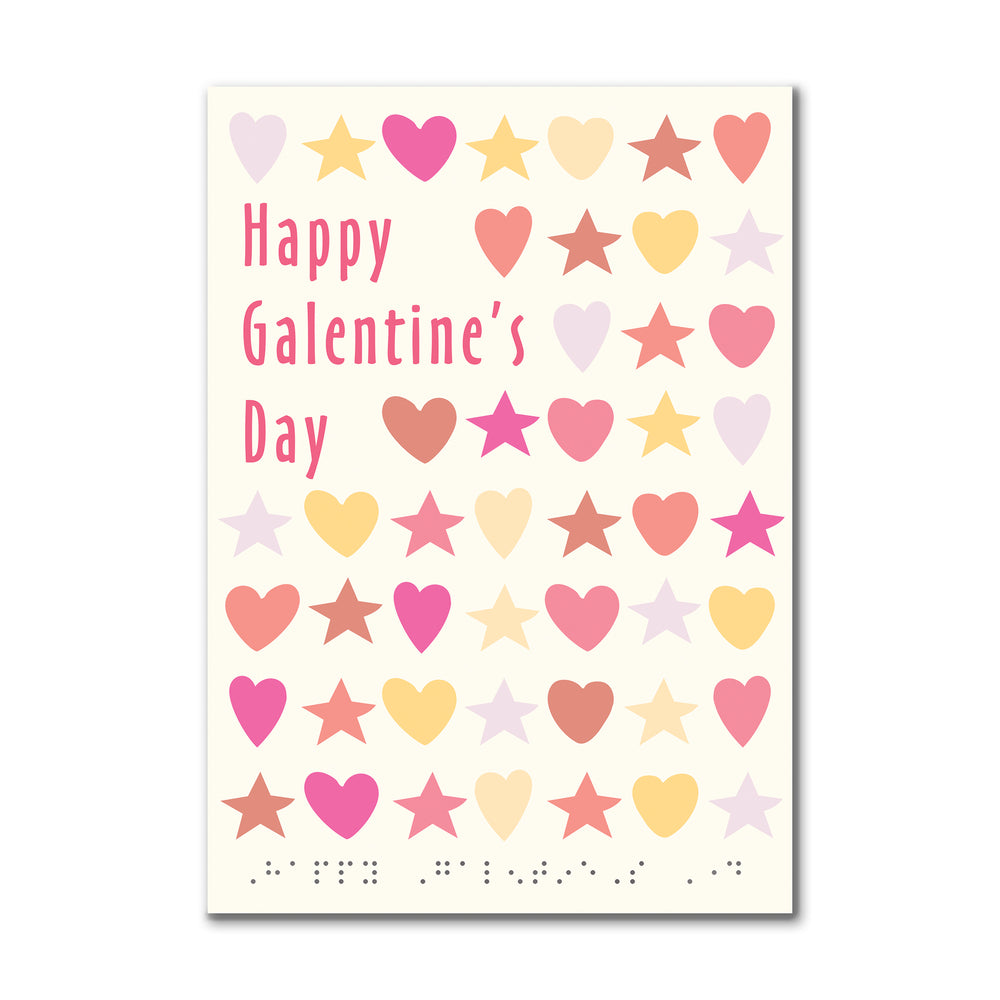 Galentine's Day card with colorful hearts and stars on a white background